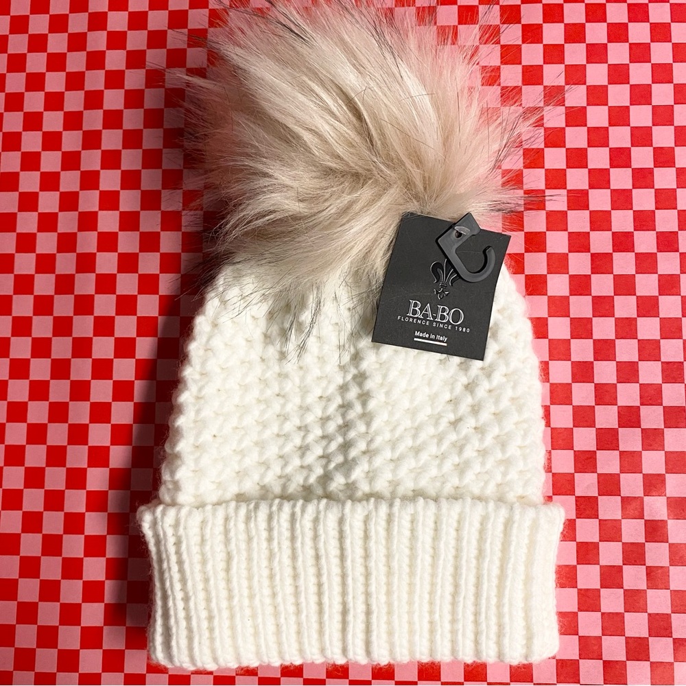 NWT Babo Cream Faux Fur Pom Beanie Hat